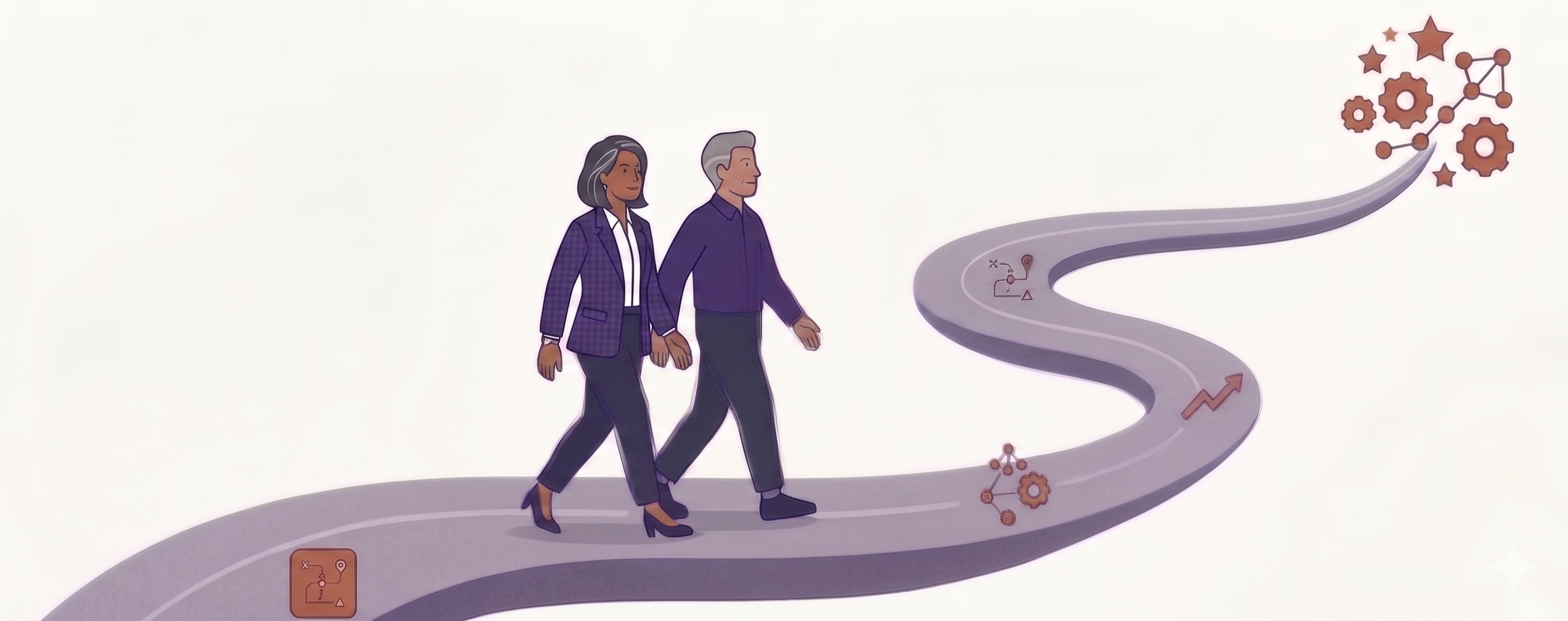 A senior advisor and client walking side by side along a road toward business outcomes